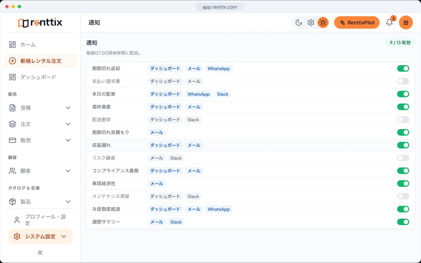 AIオペレーションデモ:サンプルデータを表示した実際のRenttix画面