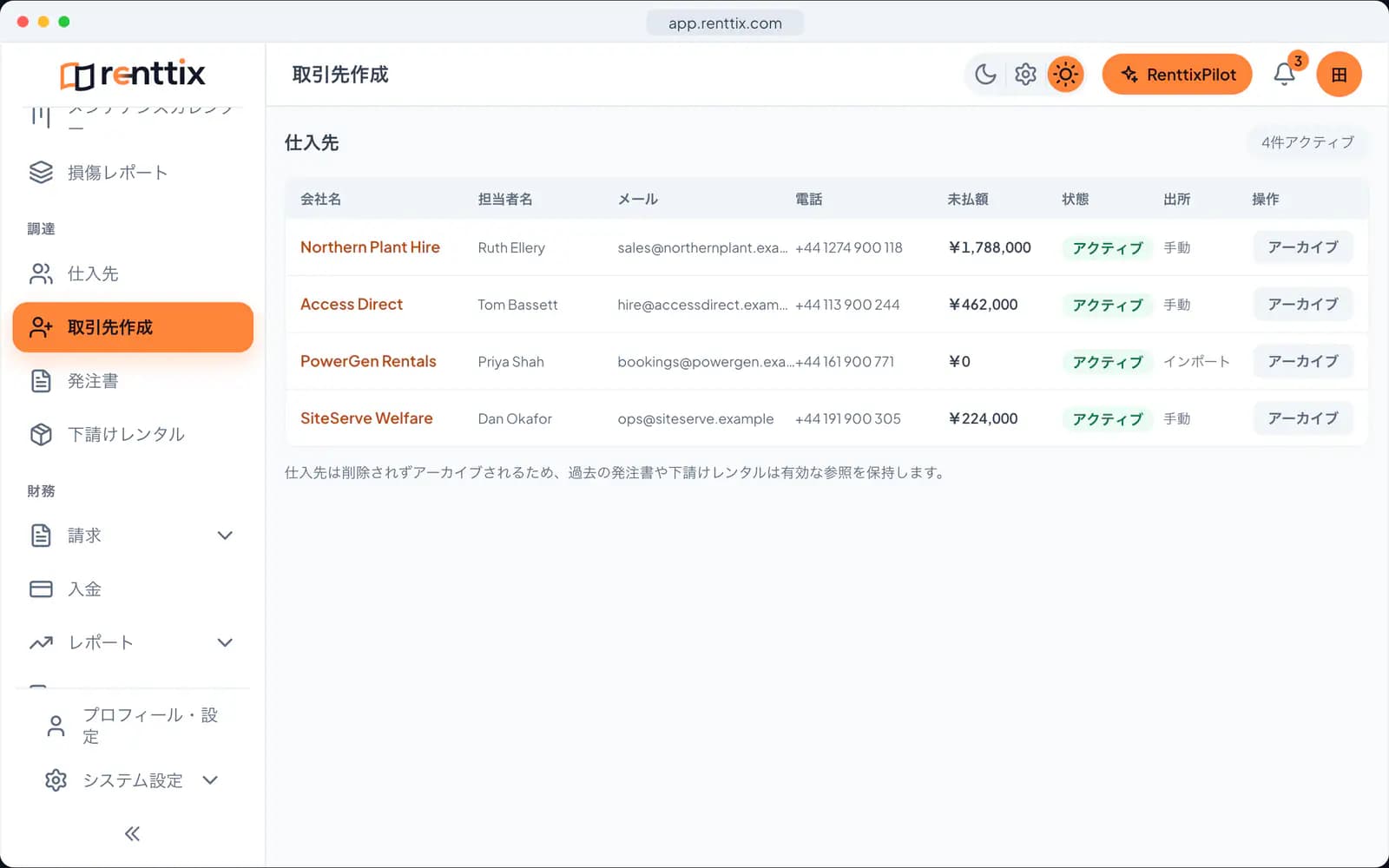 サプライヤーデモの追加:サンプルデータを表示した実際のRenttix画面