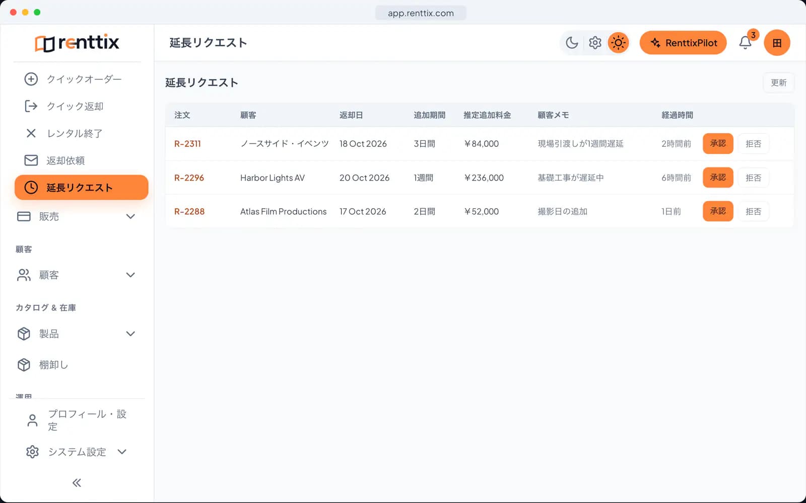 延長リクエストのデモ:サンプルデータを表示した実際のRenttix画面