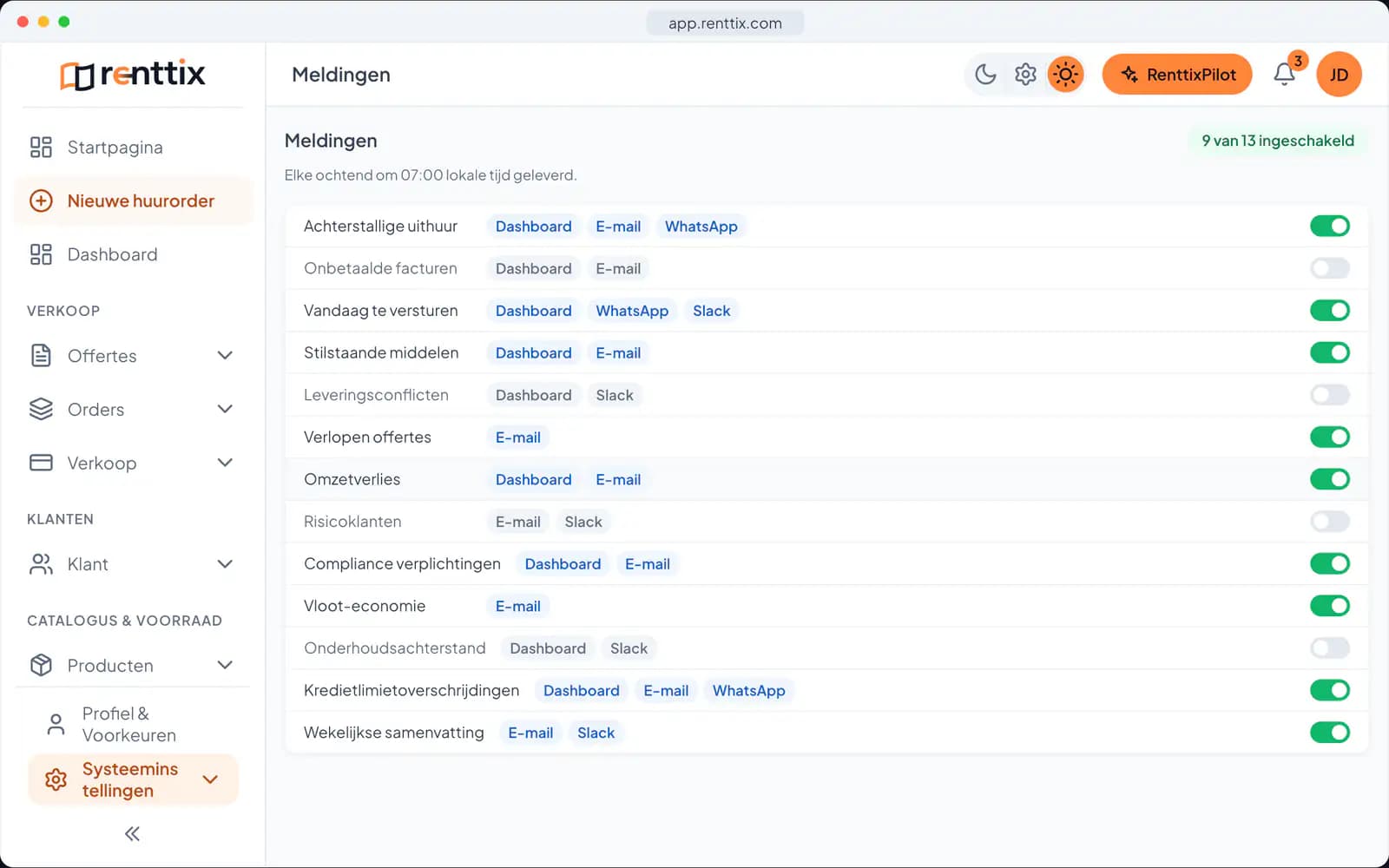 AI-operaties demo: een echt Renttix-scherm met voorbeeldgegevens