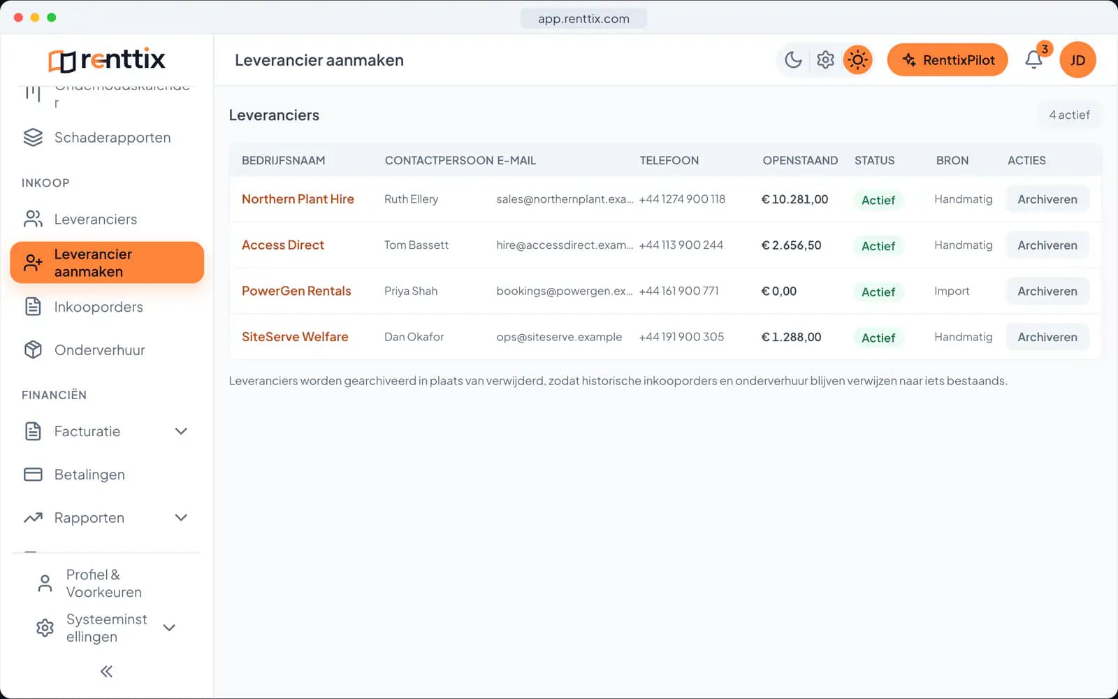 Een leverancier toevoegen demo: een echt Renttix-scherm met voorbeeldgegevens