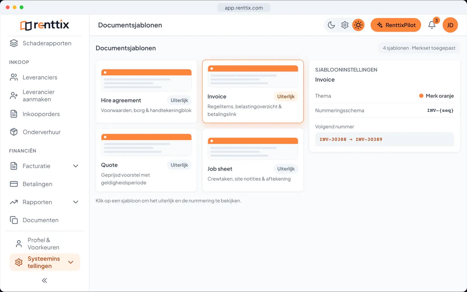 Documenten & e-handtekening demo: een echt Renttix-scherm met voorbeeldgegevens