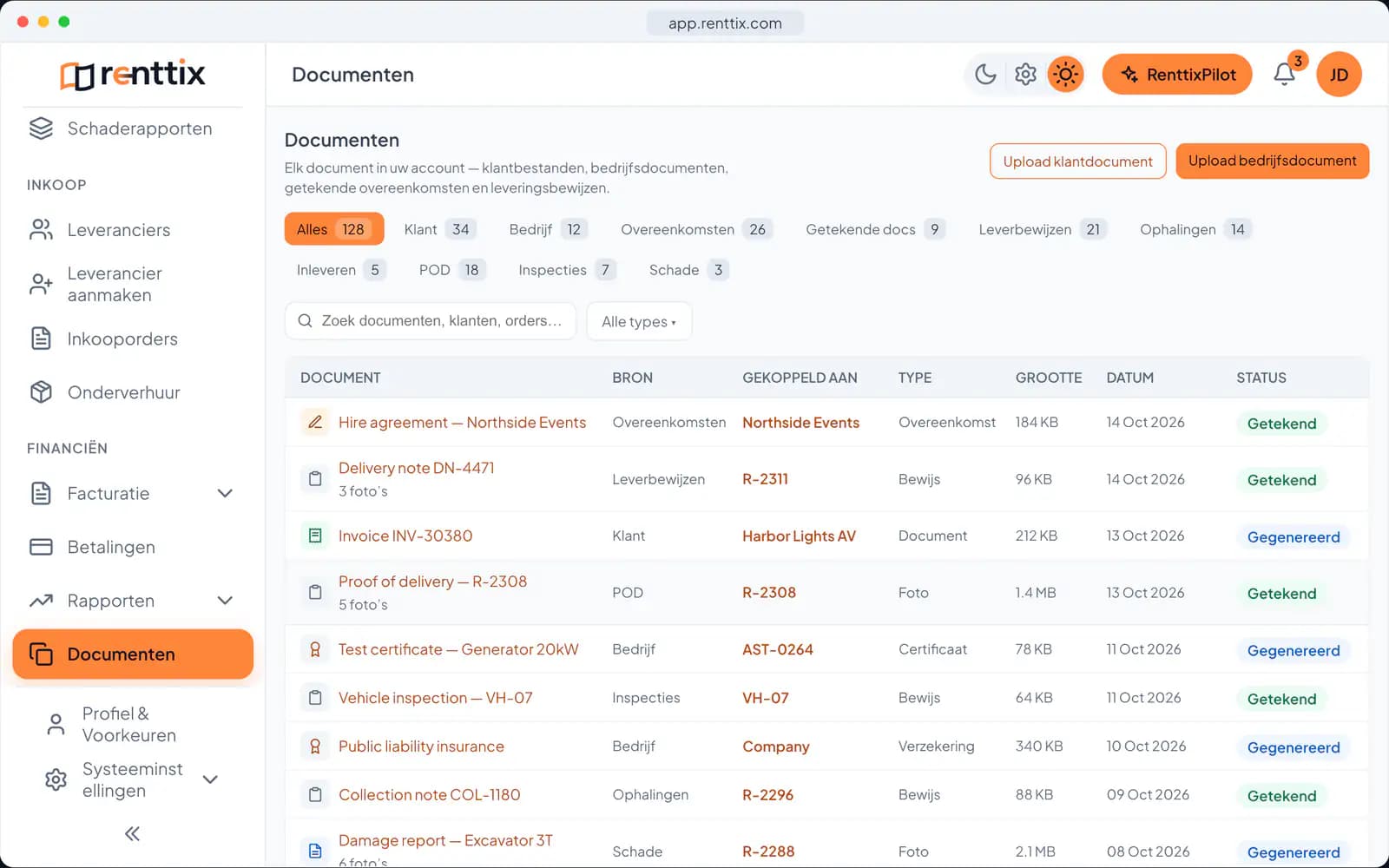 Documenten & e-handtekening demo: een echt Renttix-scherm met voorbeeldgegevens