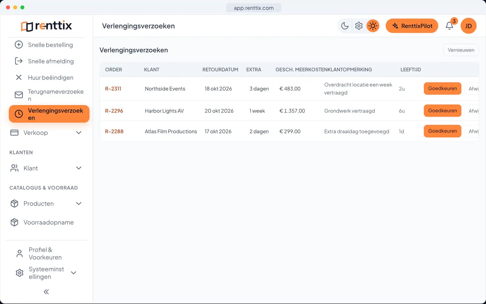 Demo verlengingsverzoeken: een echt Renttix-scherm met voorbeeldgegevens