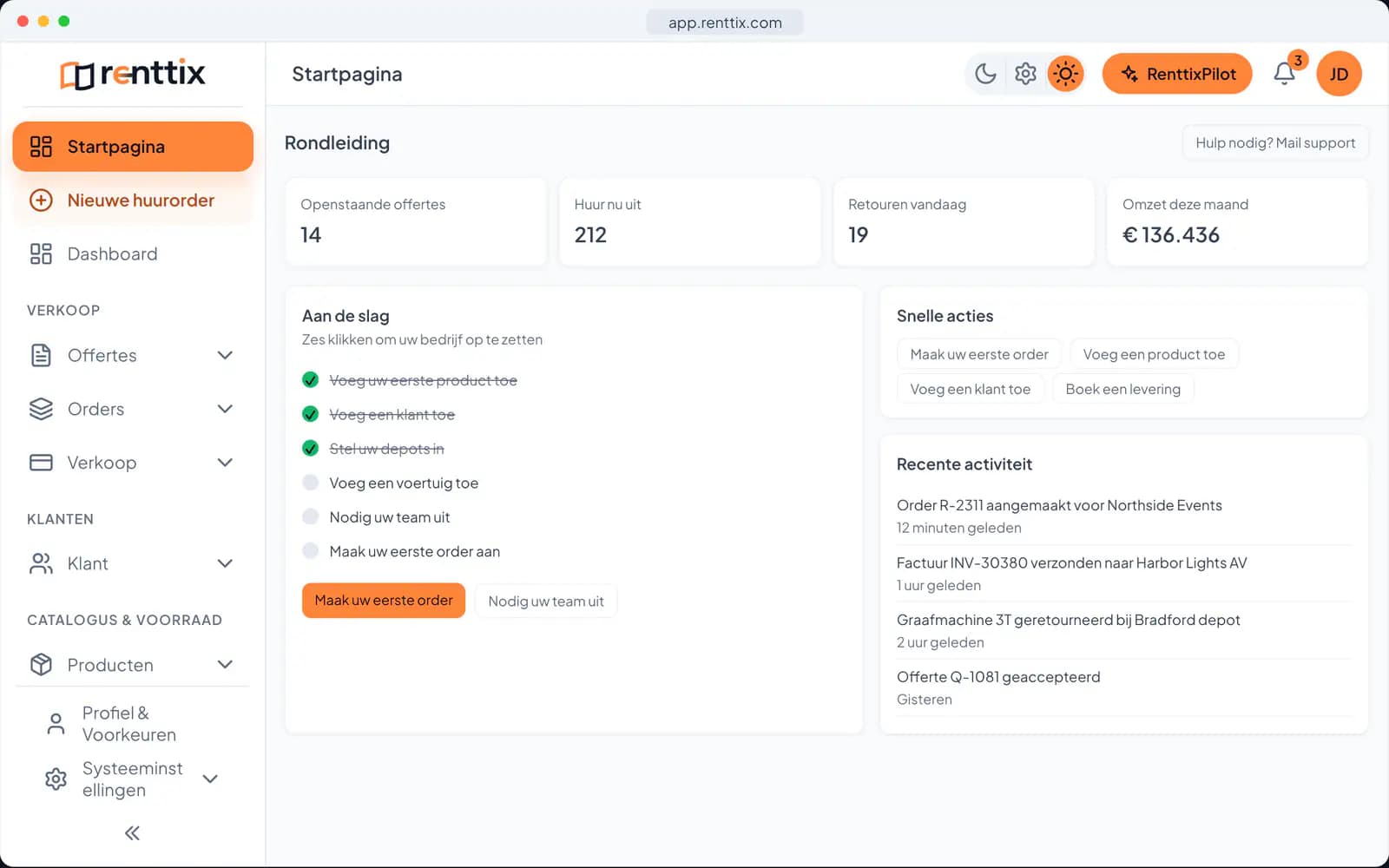 Startscherm demo: een echt Renttix-scherm met voorbeeldgegevens
