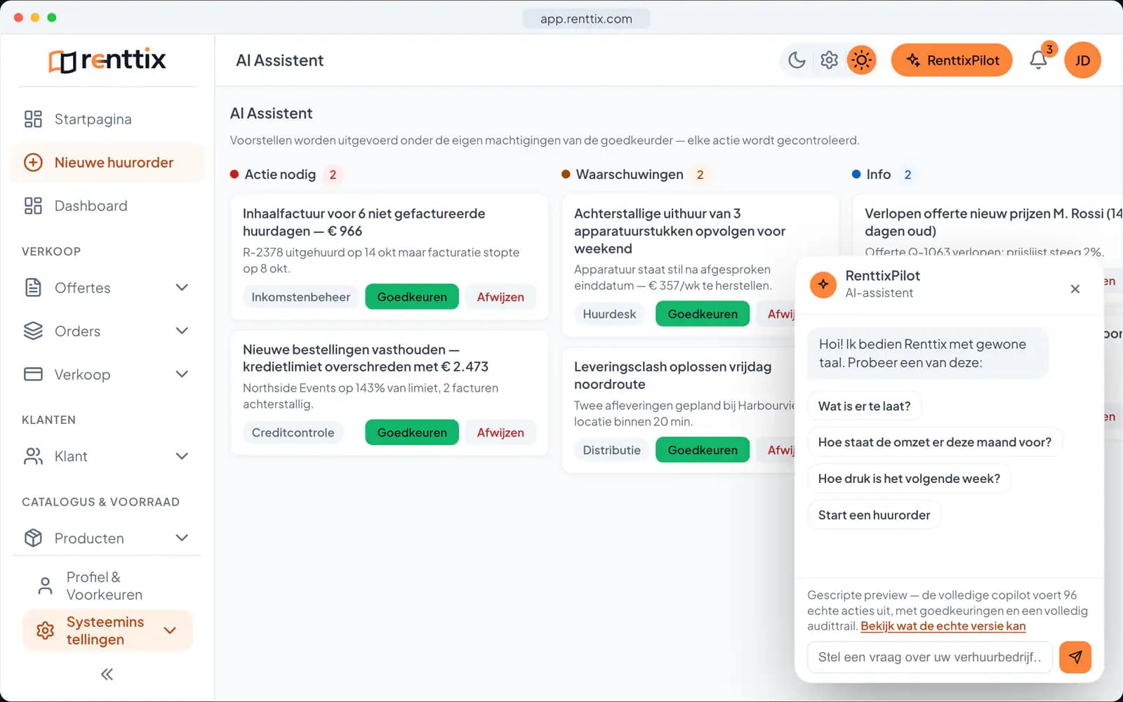 AI-operaties demo: een echt Renttix-scherm met voorbeeldgegevens