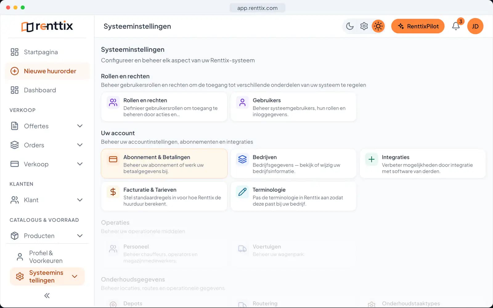 Systeeminstellingen: een echt Renttix-scherm met voorbeeldgegevens