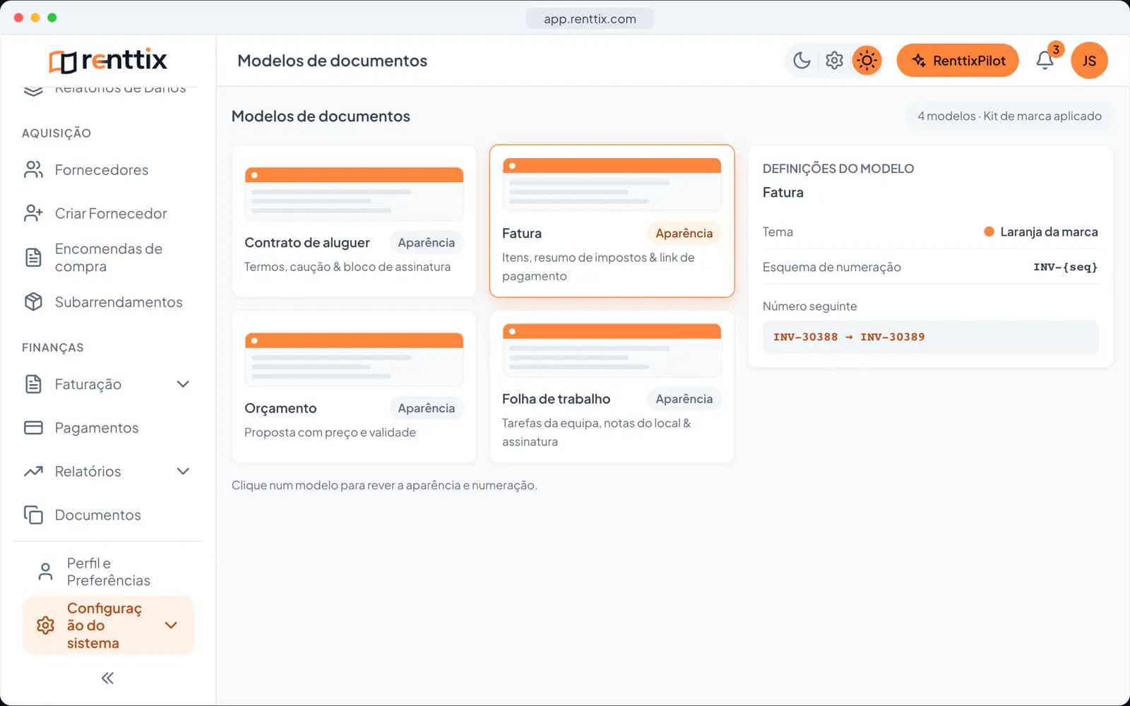 Demonstração de Documentos & assinatura eletrónica: um ecrã real do Renttix com dados de exemplo