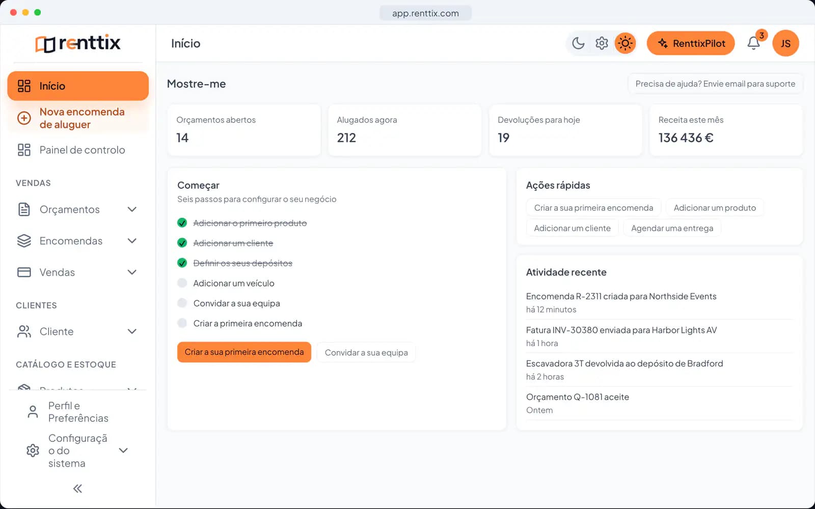 Demonstração do ecrã inicial: um ecrã real do Renttix com dados de exemplo