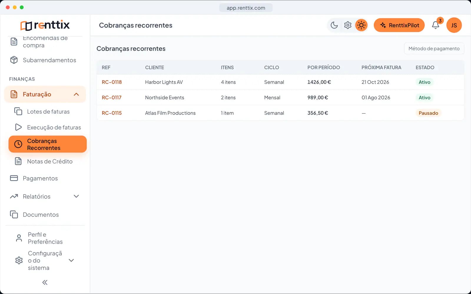 Demonstração de cobranças recorrentes: um ecrã real do Renttix com dados de exemplo