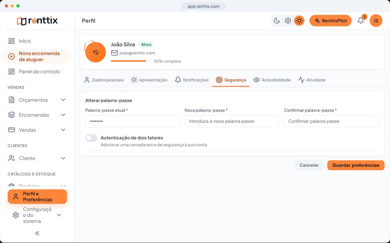 Segurança da conta: um ecrã real do Renttix com dados de exemplo