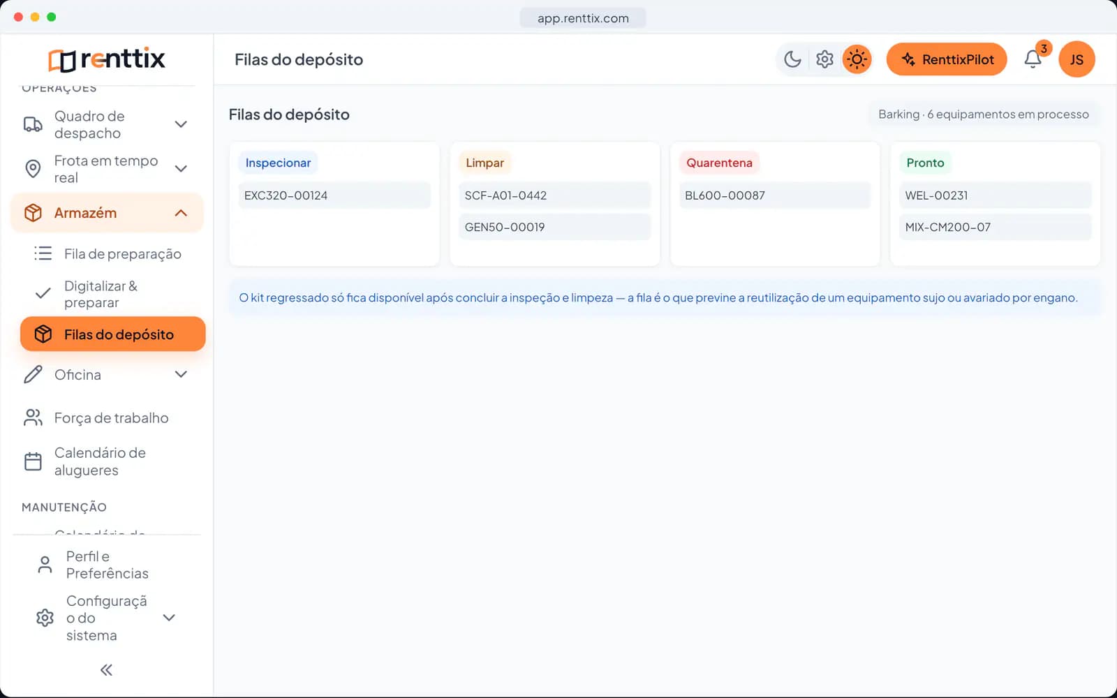 Demonstração do Armazém: um ecrã real do Renttix com dados de exemplo