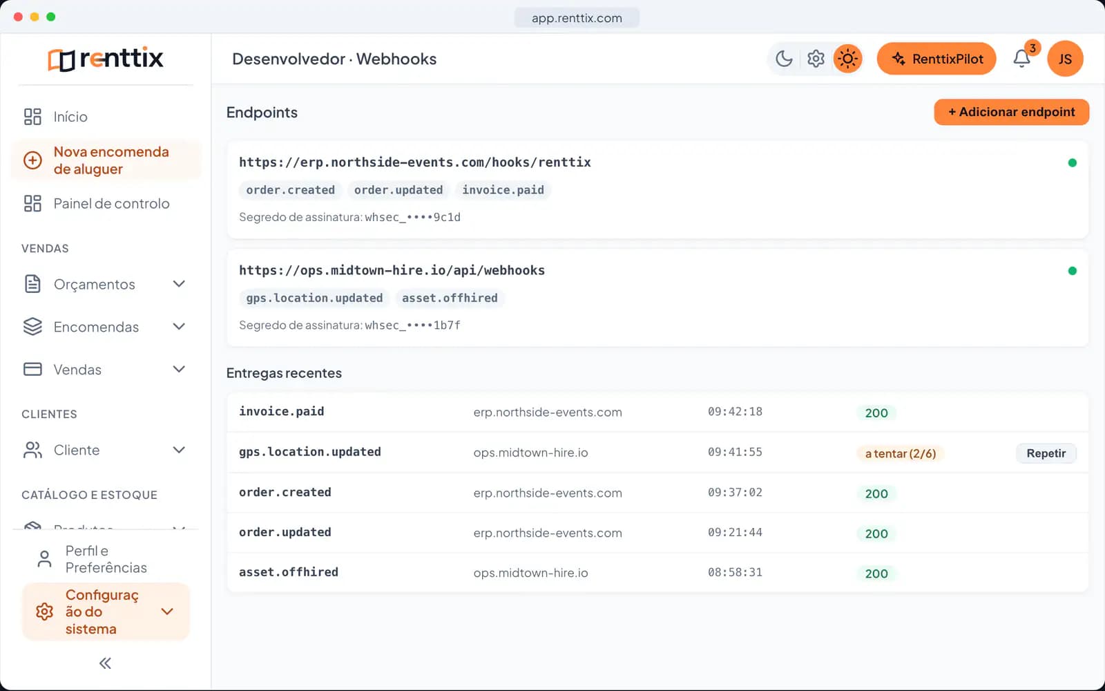Demonstração da plataforma para desenvolvedores: um ecrã real do Renttix com dados de exemplo