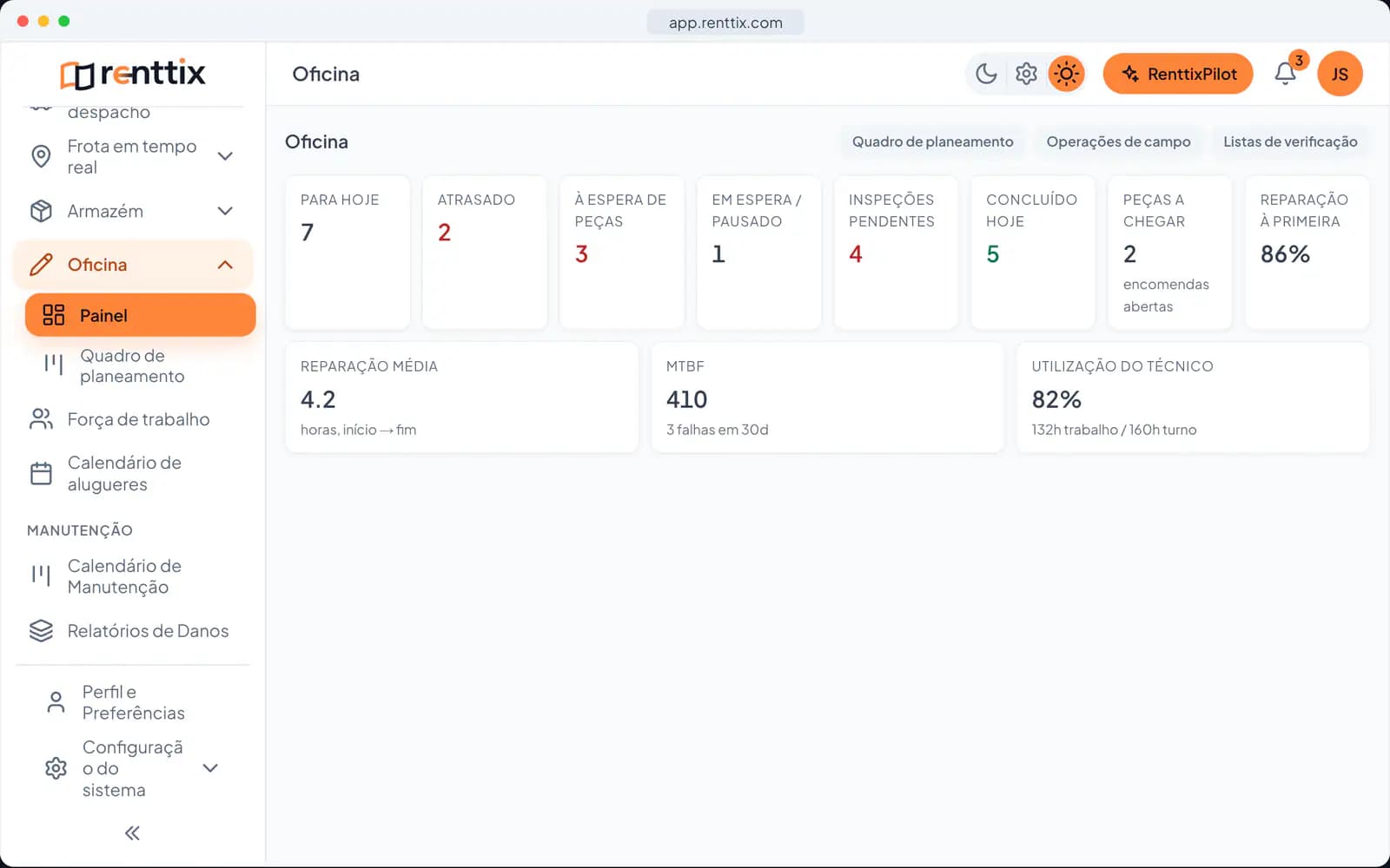 Demonstração da oficina: um ecrã real do Renttix com dados de exemplo