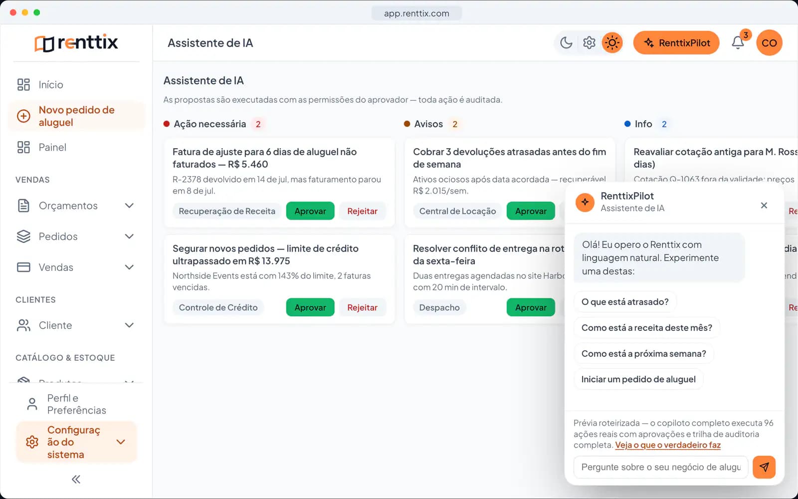Demonstração de operações com IA: uma tela real do Renttix com dados de exemplo