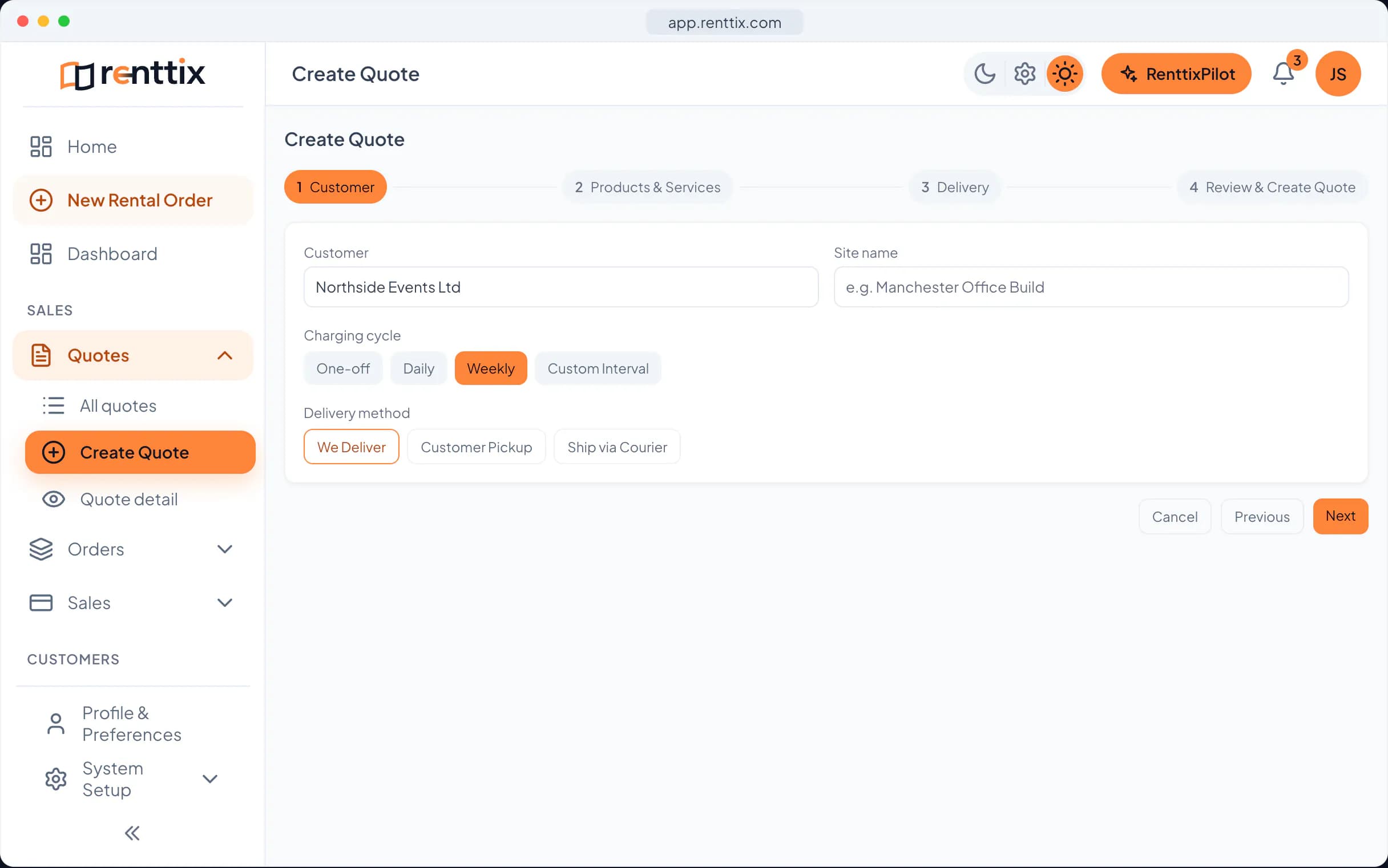 Quote builder demo: a real Renttix screen, shown with sample data