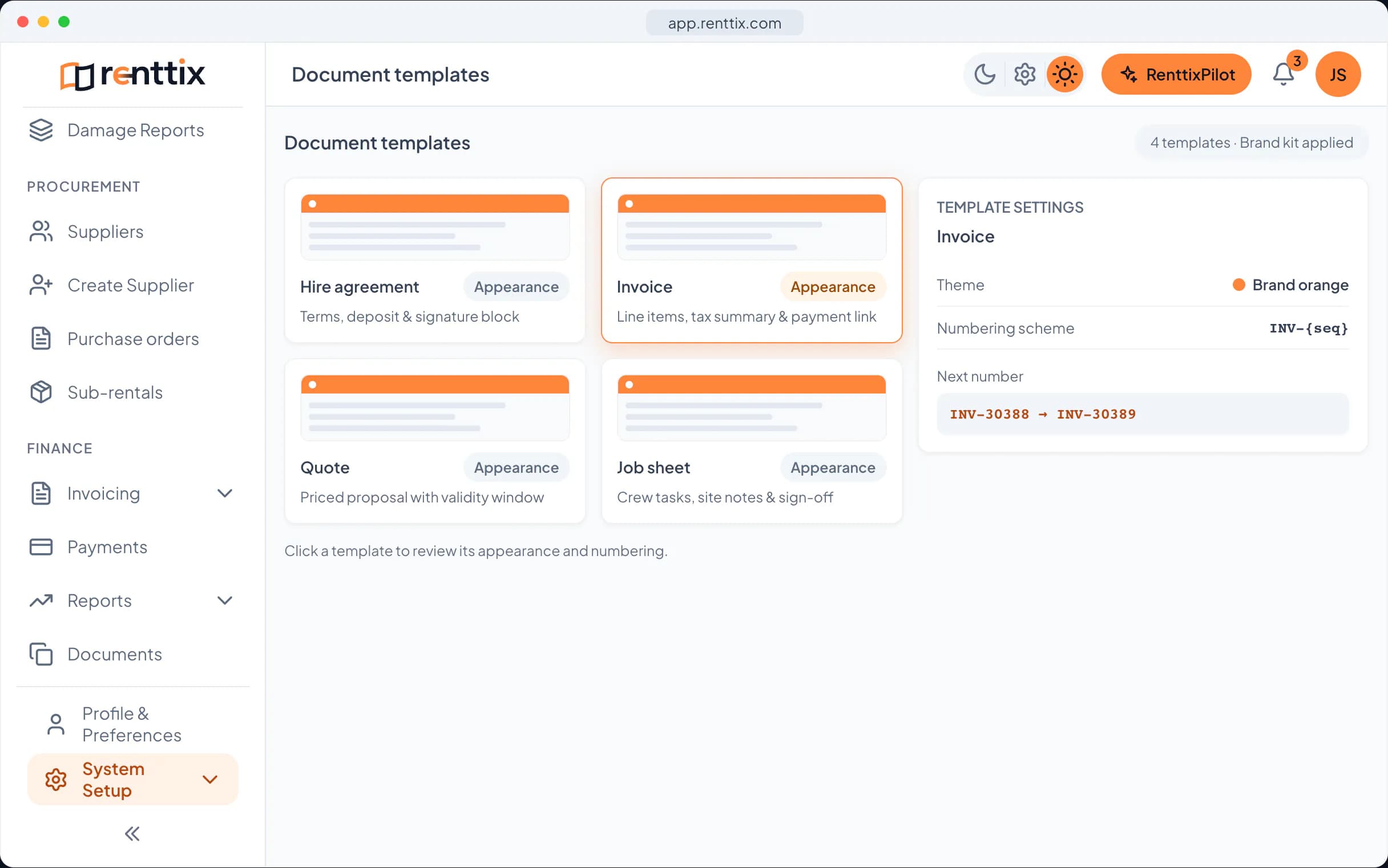 Documents & e-sign demo: a real Renttix screen, shown with sample data