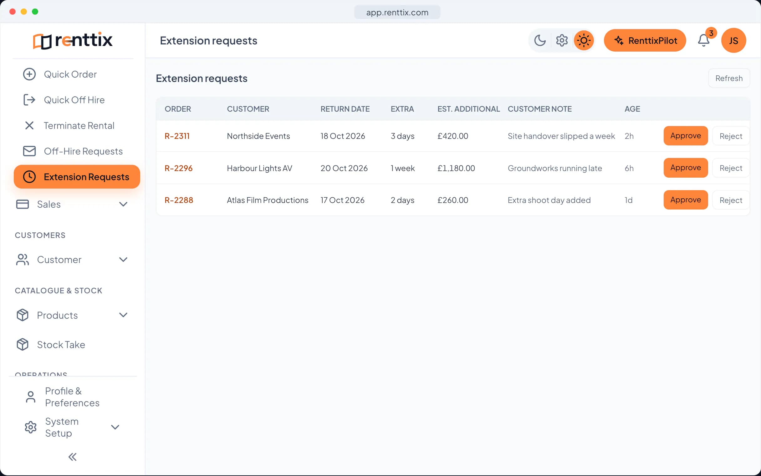 Extension requests demo: a real Renttix screen, shown with sample data