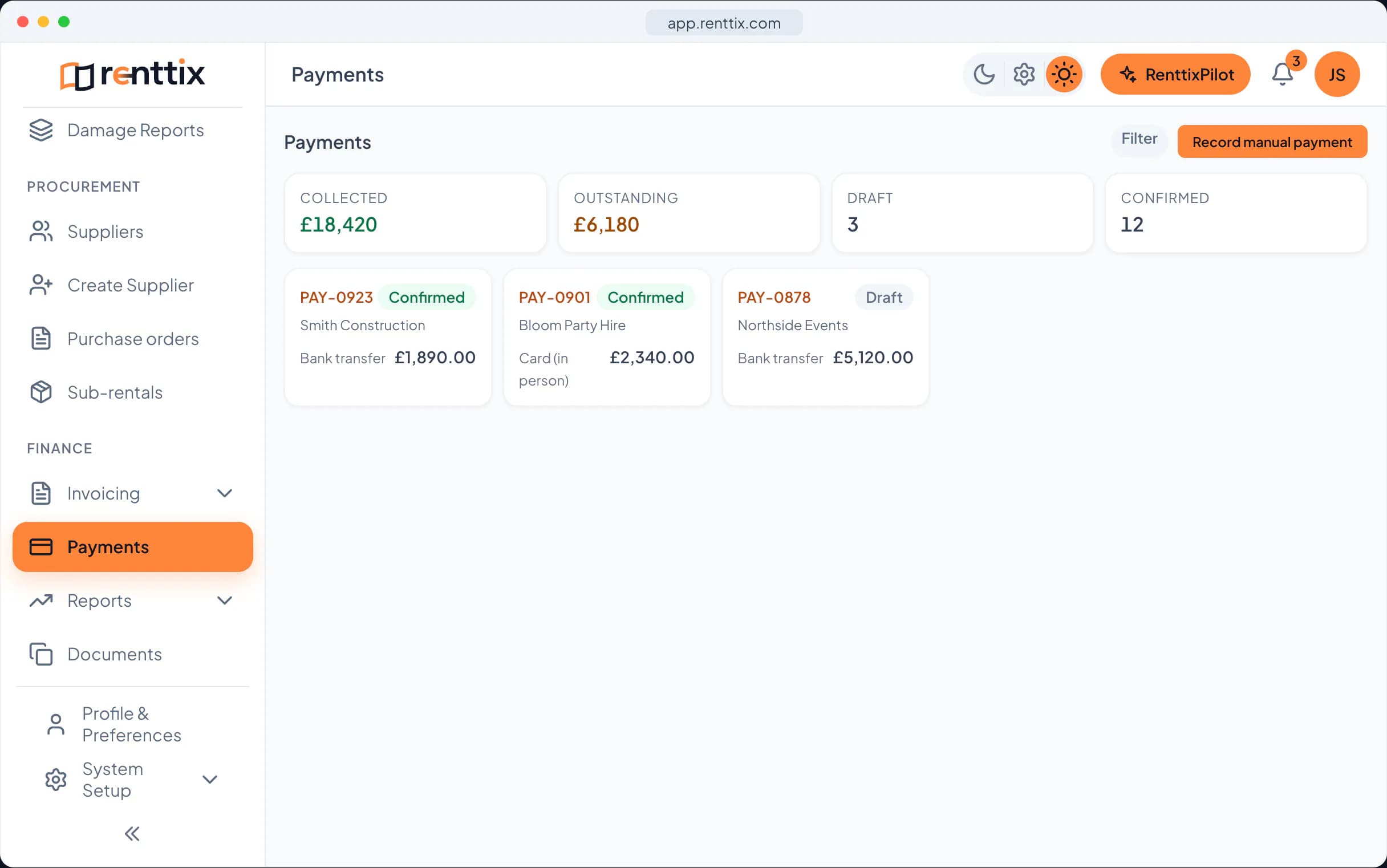 Payments: a real Renttix screen, shown with sample data