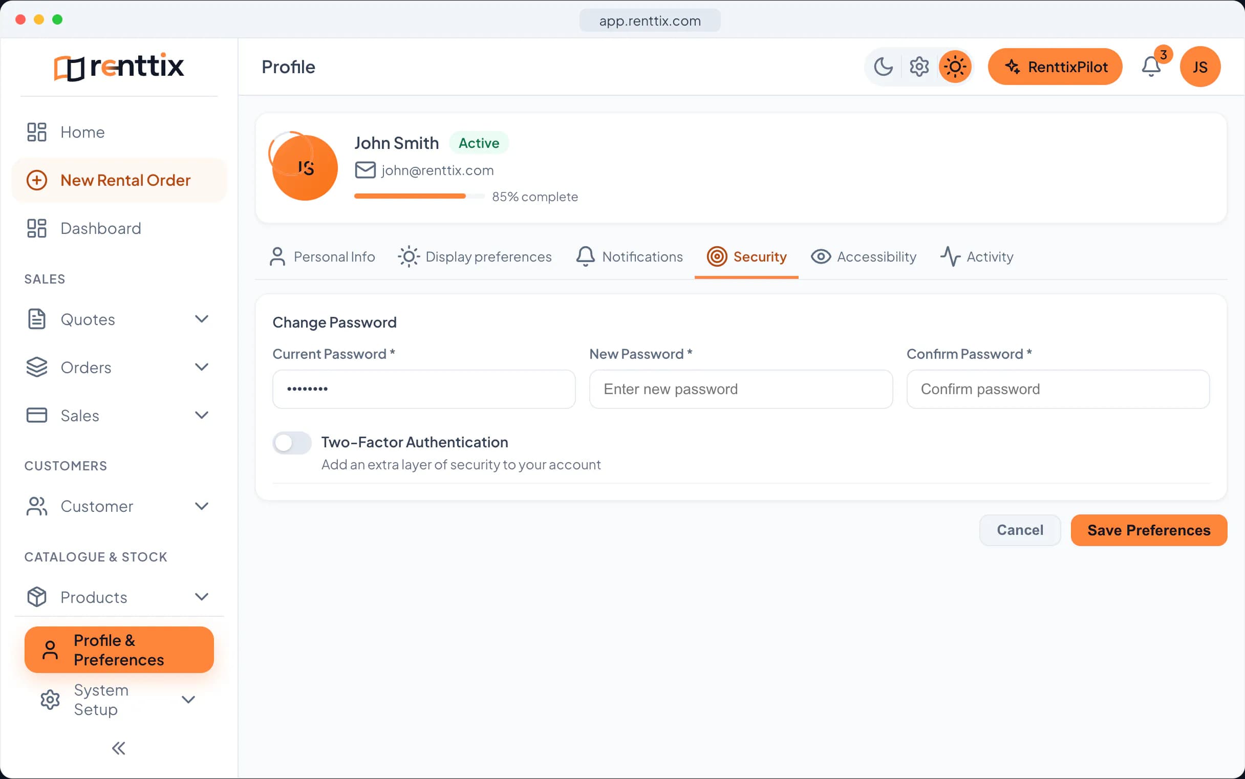 Account security: a real Renttix screen, shown with sample data