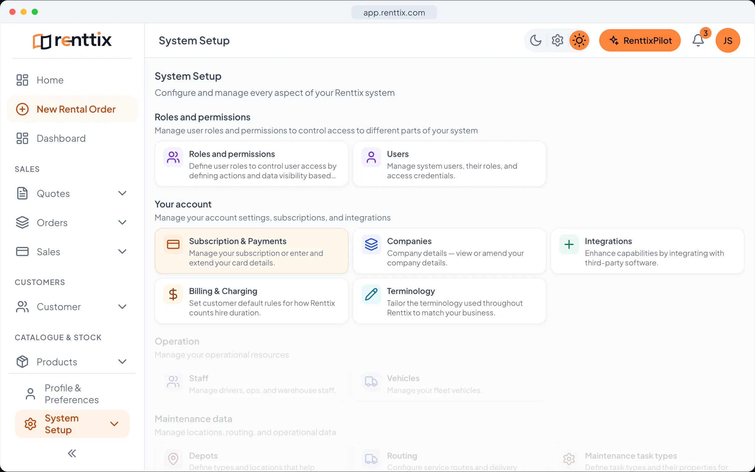 System setup: a real Renttix screen, shown with sample data
