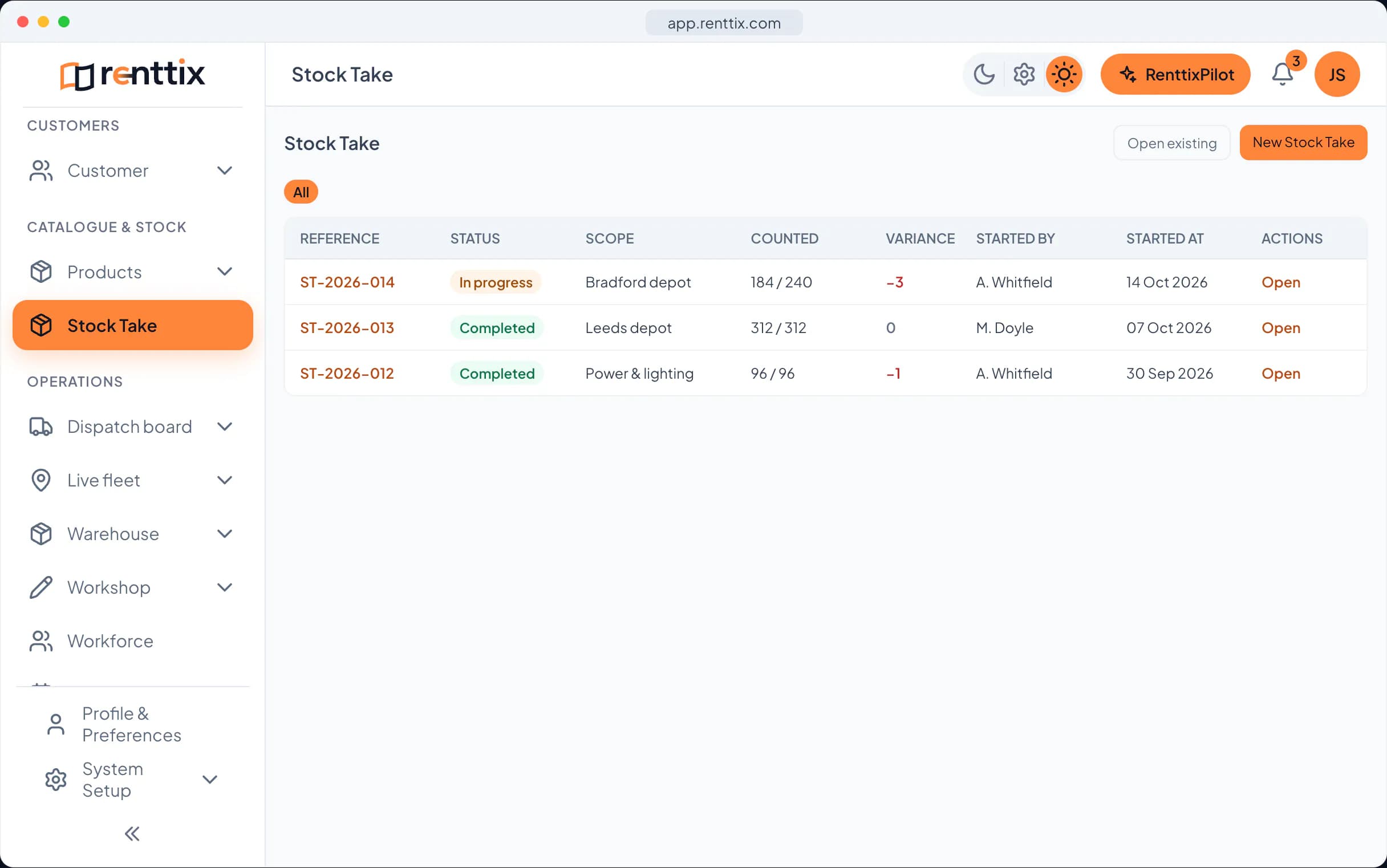 Stock take demo: a real Renttix screen, shown with sample data