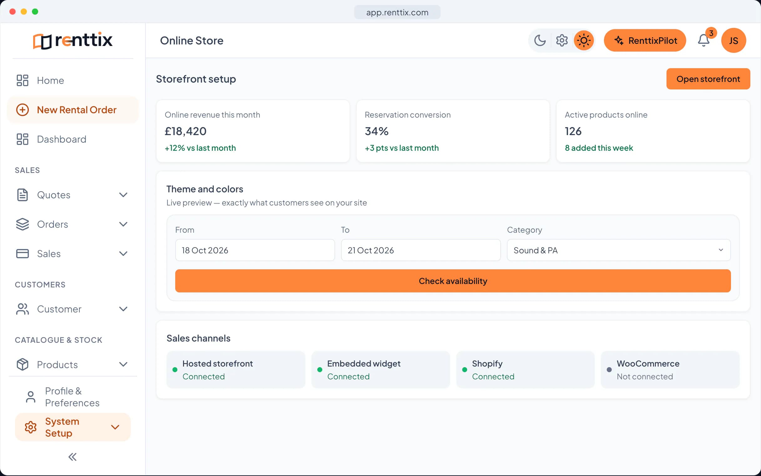 Online store demo: a real Renttix screen, shown with sample data