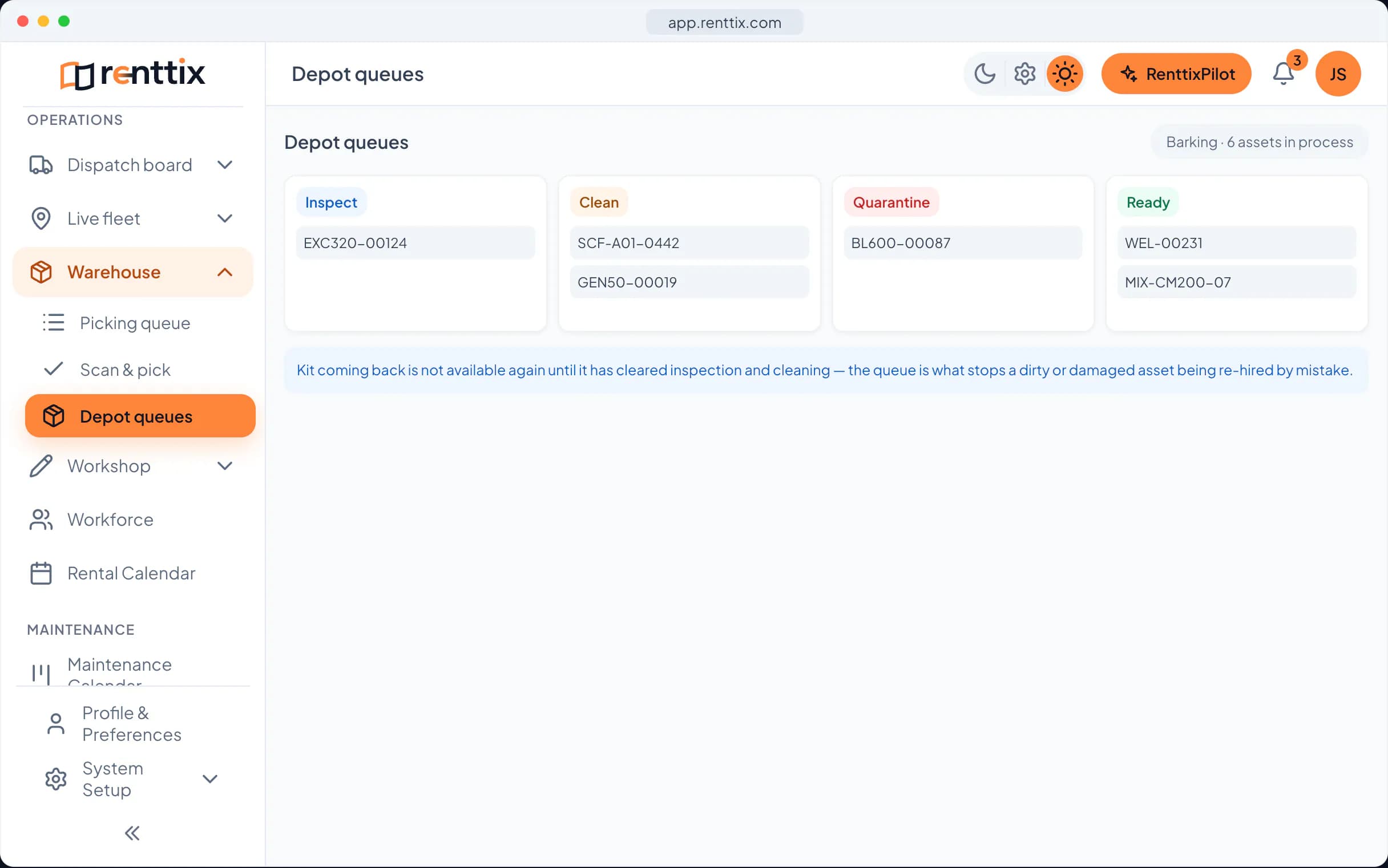 Warehouse demo: a real Renttix screen, shown with sample data