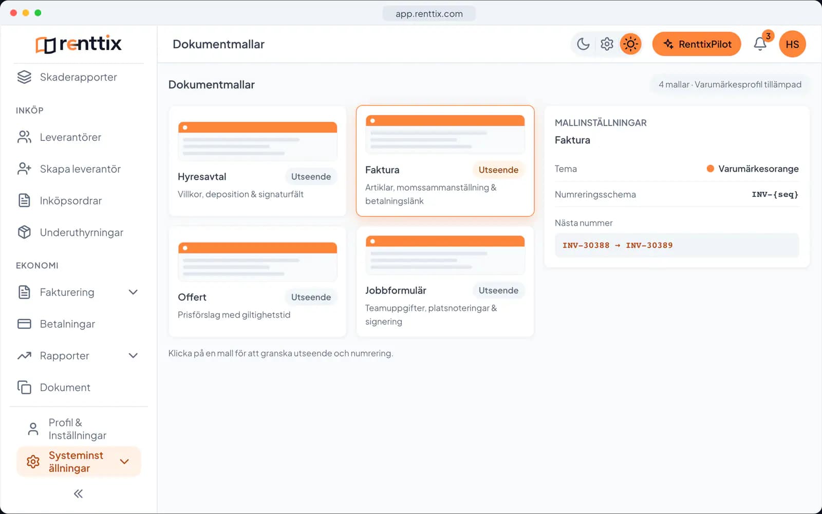 Dokument & e-sign demo: en riktig Renttix-skärm med exempeldata