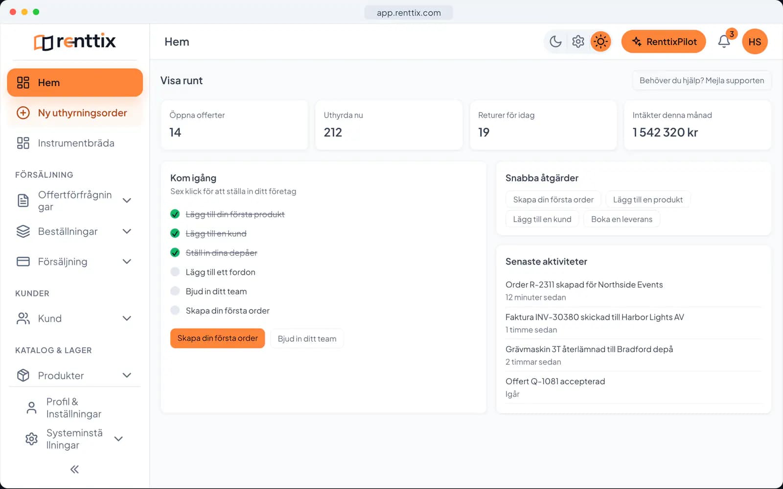Startskärm-demo: en riktig Renttix-skärm med exempeldata