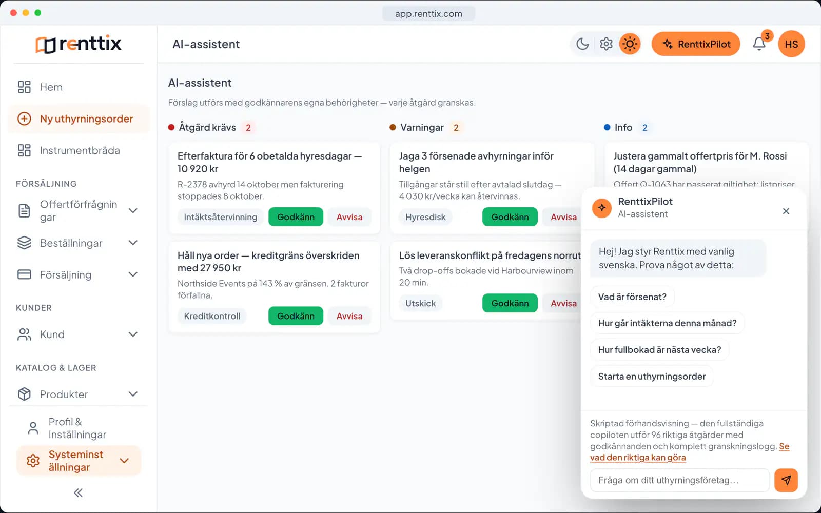 AI-driftsdemo: en riktig Renttix-skärm med exempeldata