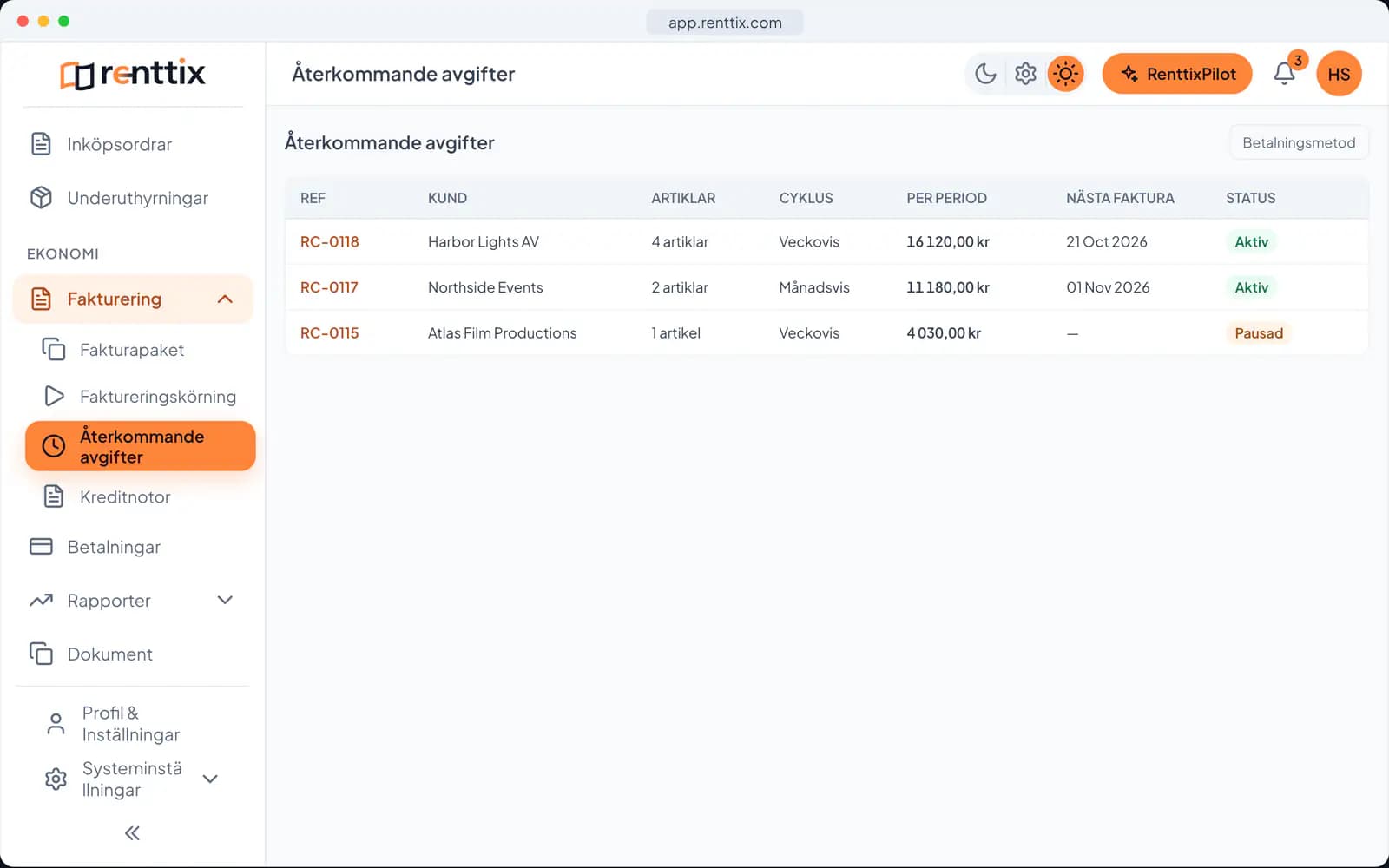 Demo för återkommande avgifter: en riktig Renttix-skärm med exempeldata