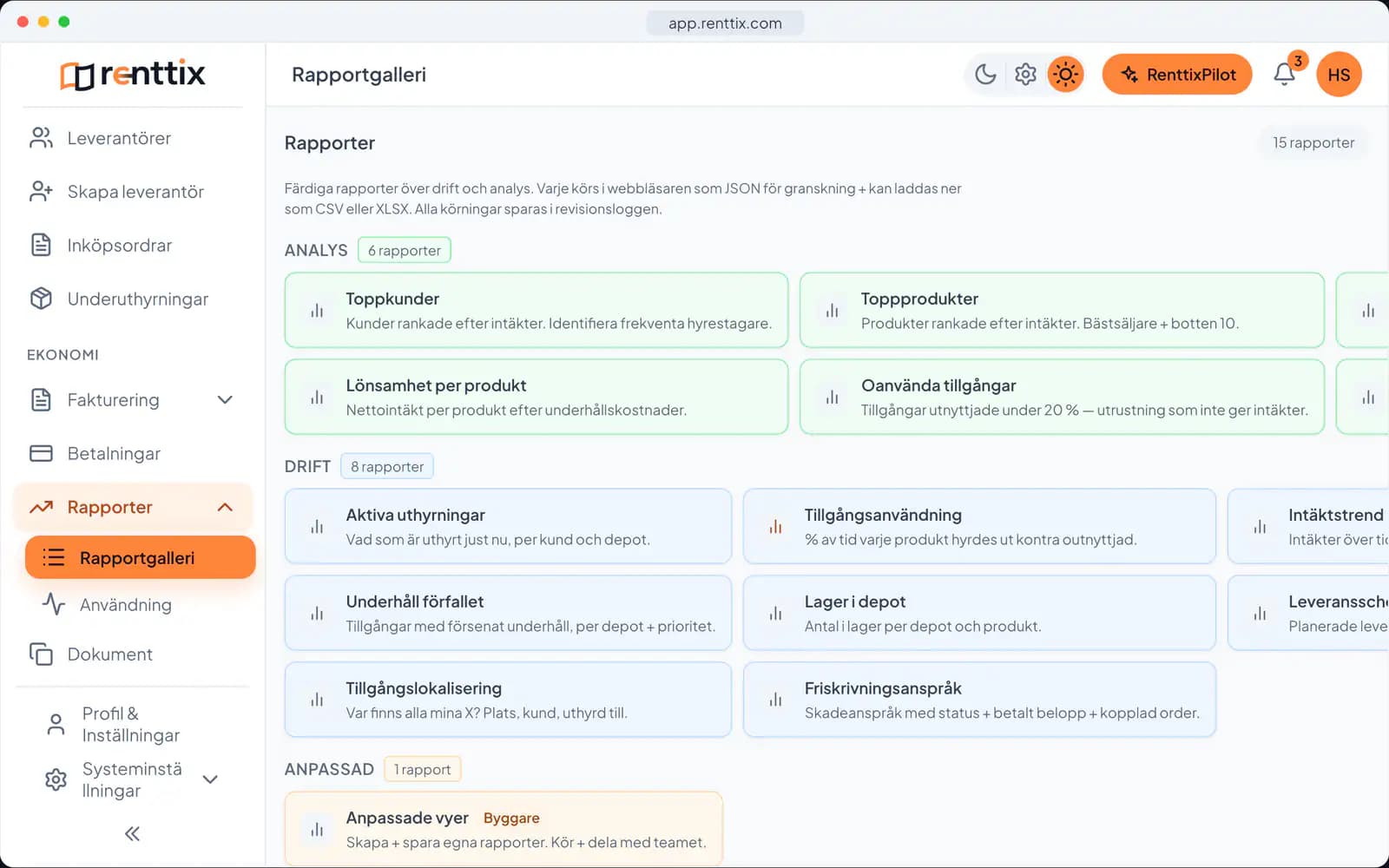 Rapportdemonstration: en riktig Renttix-skärm med exempeldata