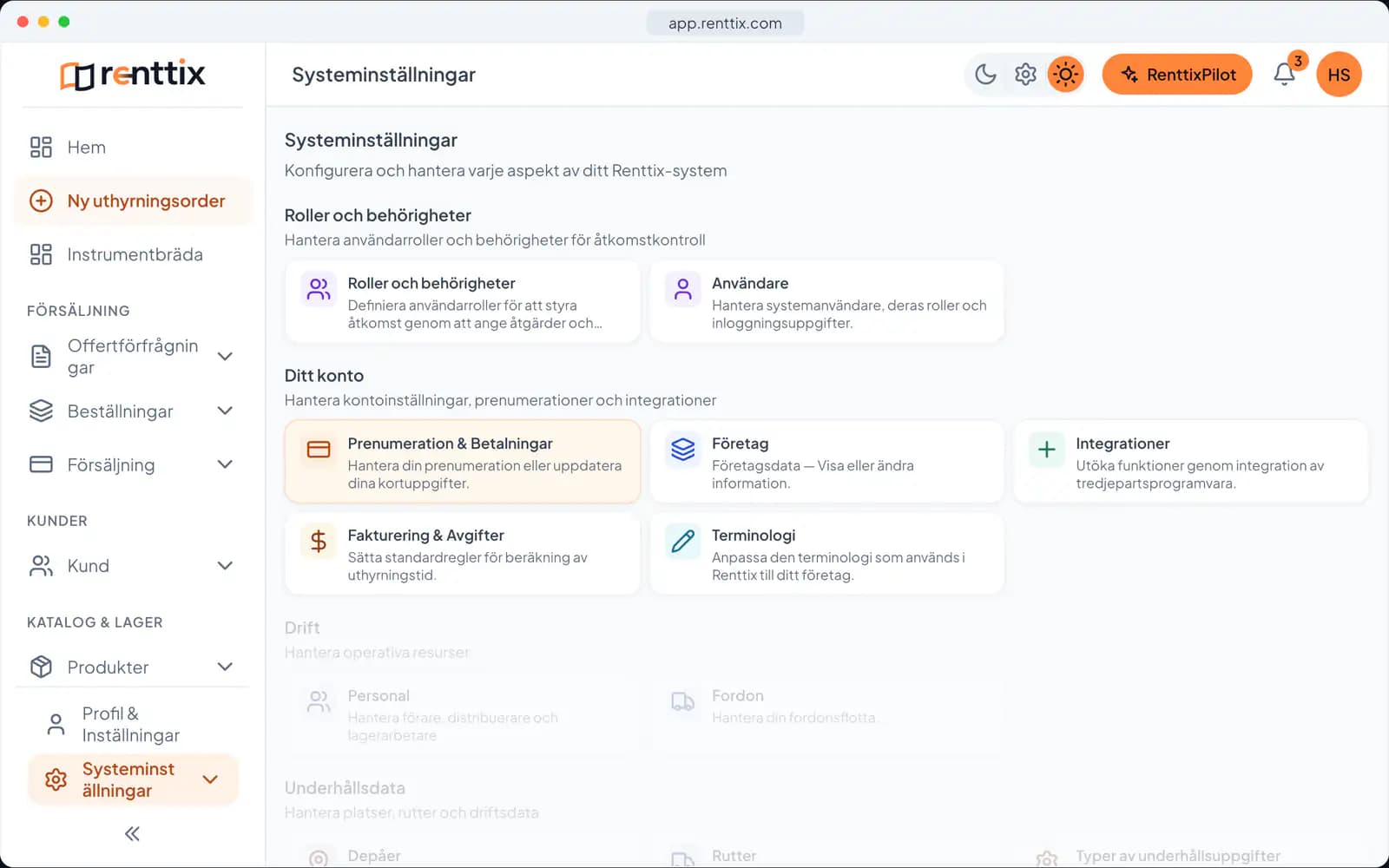 Systeminställningar: en riktig Renttix-skärm med exempeldata